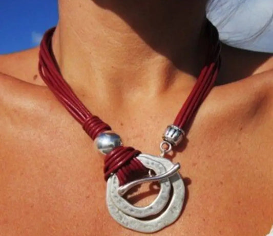 Bohemian Circle Pendant Necklace Vintage Jewelry red silver multi string necklace