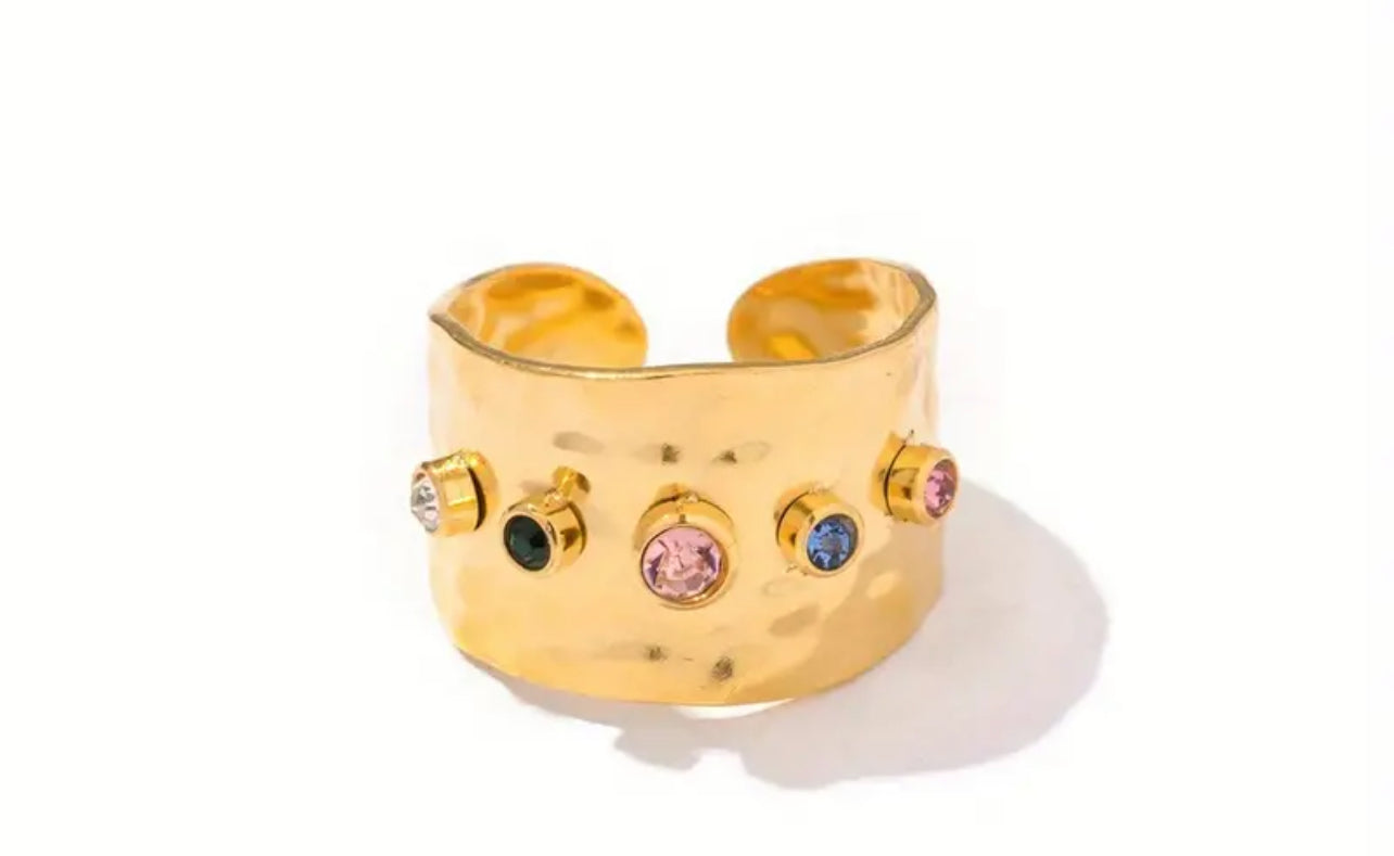 Titanium Steel 5 coloured rhinestones wide cuff ring band available in 2 colours