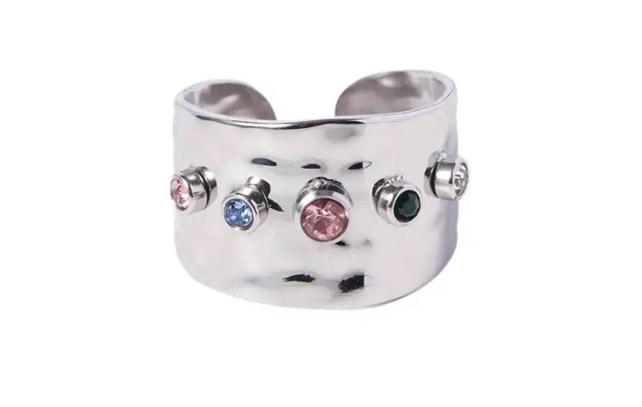 Titanium Steel 5 coloured rhinestones wide cuff ring band available in 2 colours