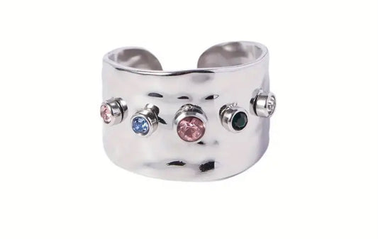 Titanium Steel 5 coloured rhinestones  wide cuff ring band  available in 2 colours