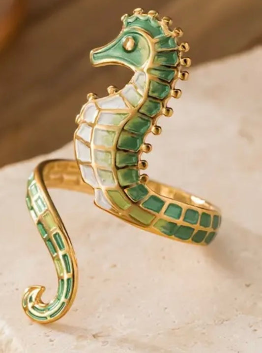 Seahorse ring green - 18Kt golden-plated