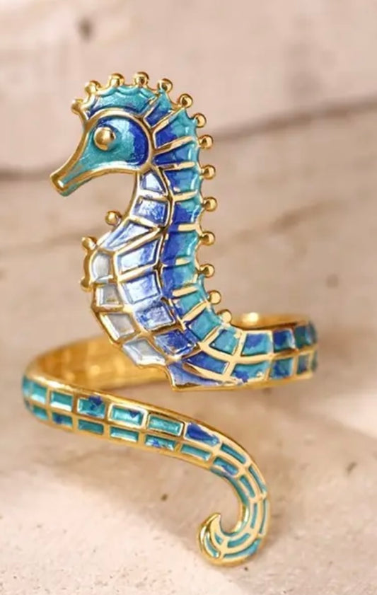 blue Seahorse ring - 18Kt golden-plated