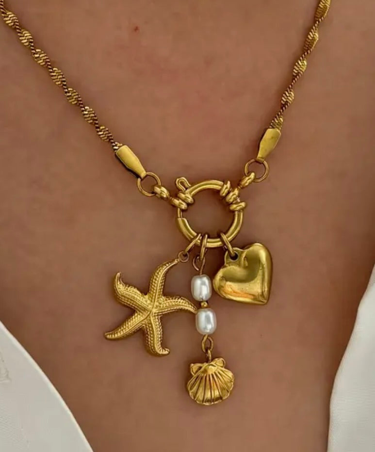 Boho Stainless steel Necklace with detachable exchangeable charms 18 kt gold plated