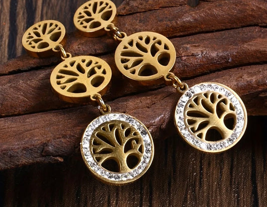 Bohemian Tree of Life Pendant Earrings.Stainless Steel 18 kt gold plated