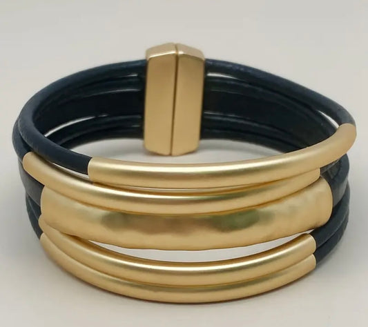 Stunning Golden-Tone Bracelet with Black leather Strap  --2 colours available  Gold & Silver