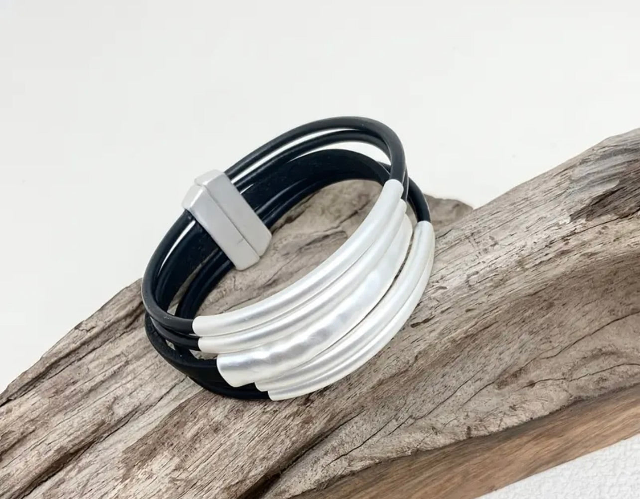 Stunning Golden-Tone Bracelet with Black leather Strap --2 colours available Gold & Silver