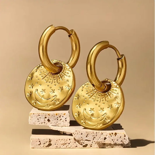 Bohemian sophistication with Ancient inspired Coin Design Hoop Earrings - 18K golden-plated