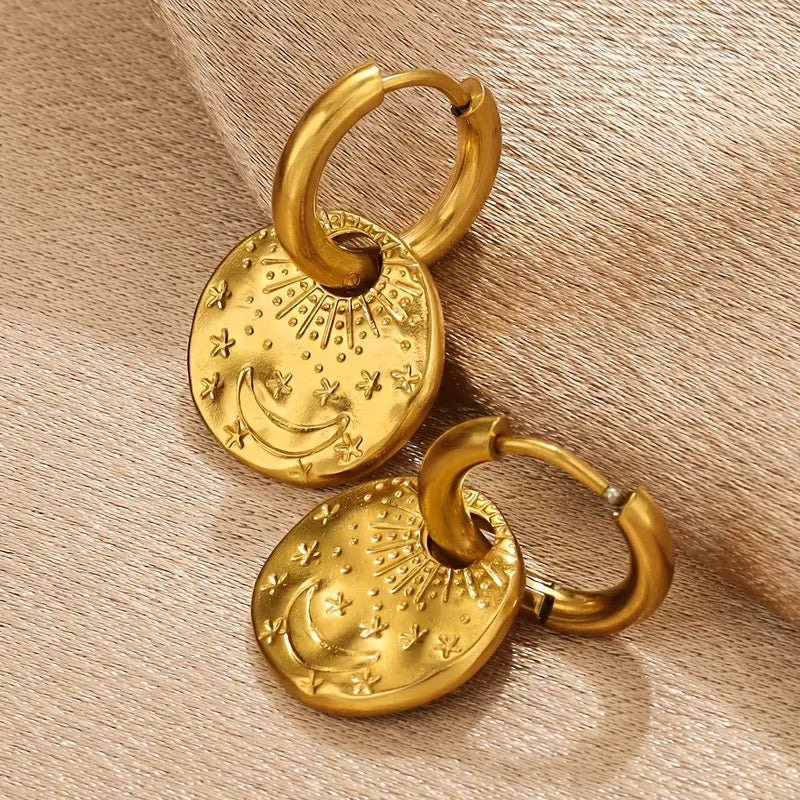 Bohemian sophistication with Ancient inspired Coin Design Hoop Earrings - 18K golden-plated