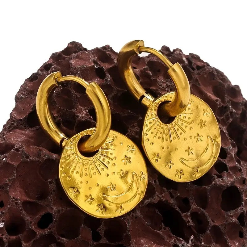Bohemian sophistication with Ancient inspired Coin Design Hoop Earrings - 18K golden-plated