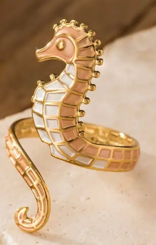 Seahorse ring green - 18Kt golden-plated